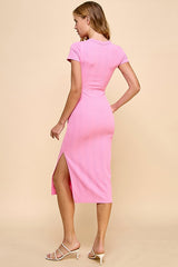 Pink Crew Neck Bubble Knit Ribbed Maternity Midi Dress