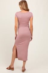 Mauve Short Sleeve Side Slit Maternity Maxi Dress