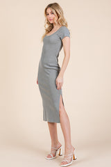 Light Olive Scoop Neck Short Sleeve Mineral Wash Midi Dress