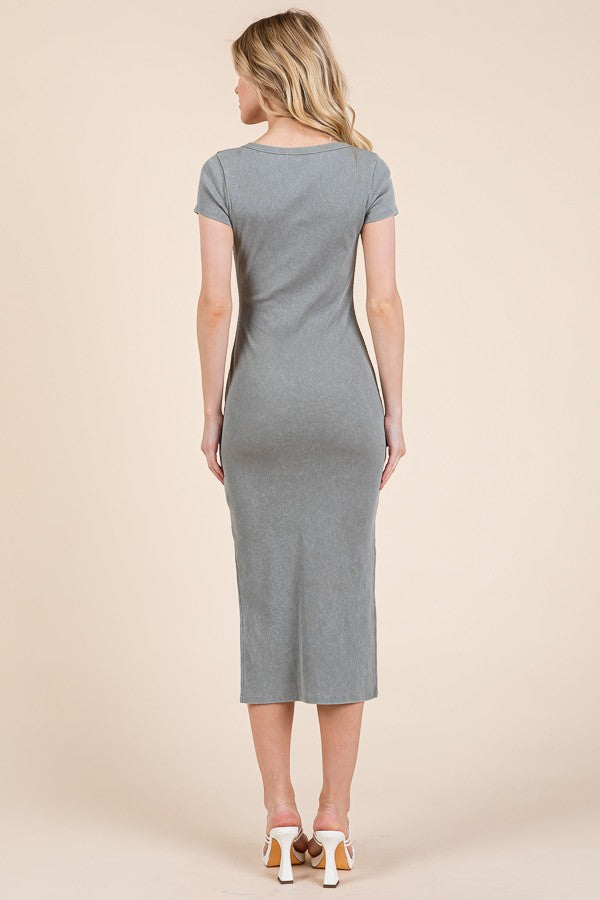 Light Olive V Neck Mineral Wash Side Slit Midi Dress
