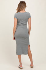 Light Olive V Neck Mineral Wash Side Slit Maternity Midi Dress