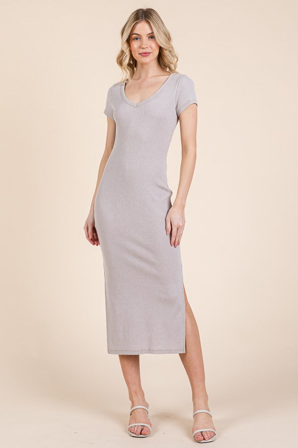 Taupe V Neck Mineral Wash Side Slit Maternity Midi Dress