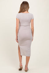Taupe V Neck Mineral Wash Side Slit Maternity Midi Dress