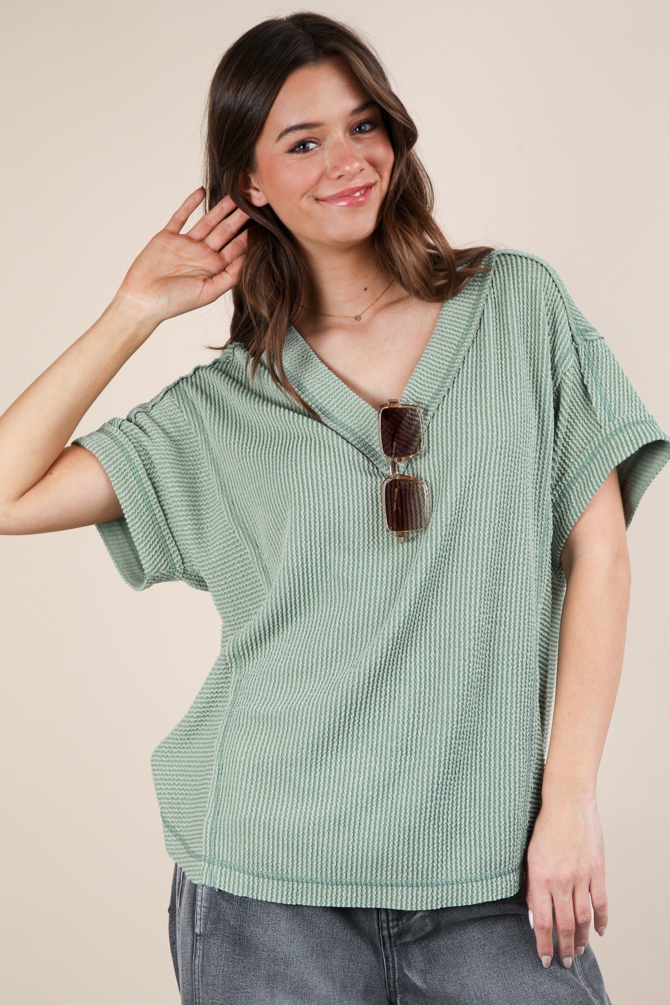 Light Olive Ribbed Raw Hem Maternity Short Sleeve Top