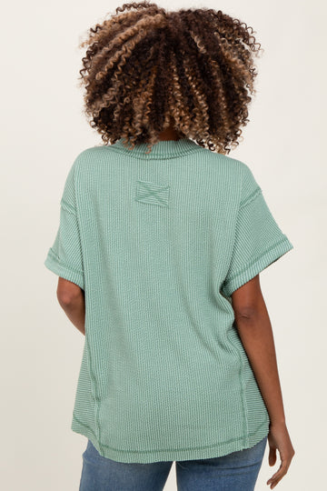 Light Olive Ribbed Raw Hem Maternity Short Sleeve Top