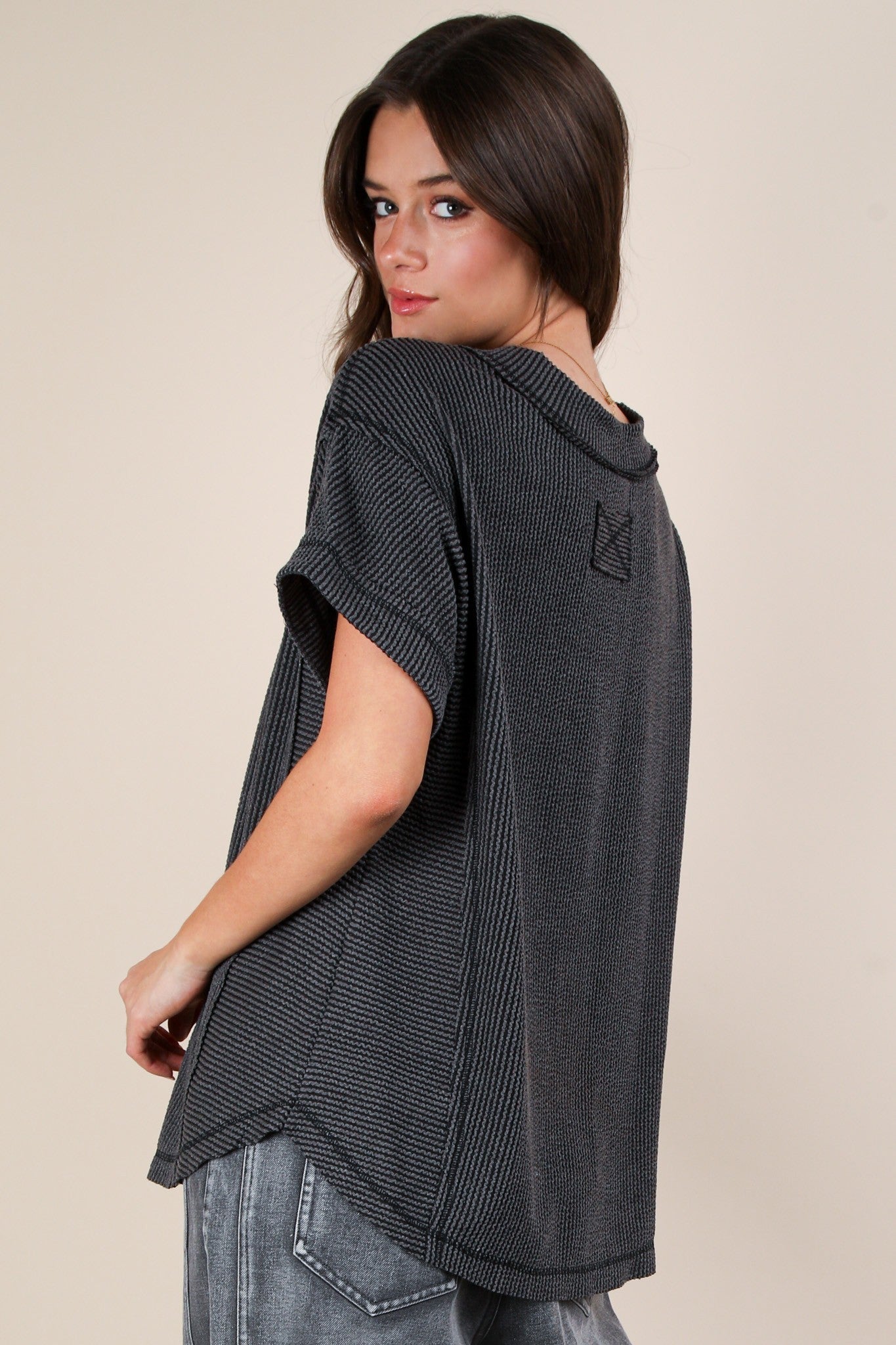 Charcoal Ribbed Raw Hem Short Sleeve Top