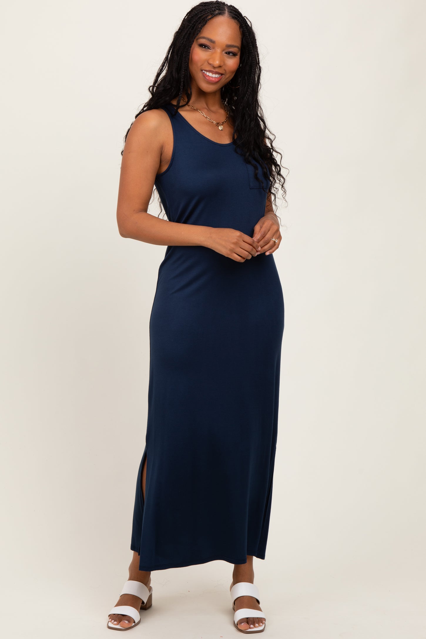 Navy Basic Pocket Sleeveless Maxi Dress Navy Basic Pocket Sleeveless Maxi Dress