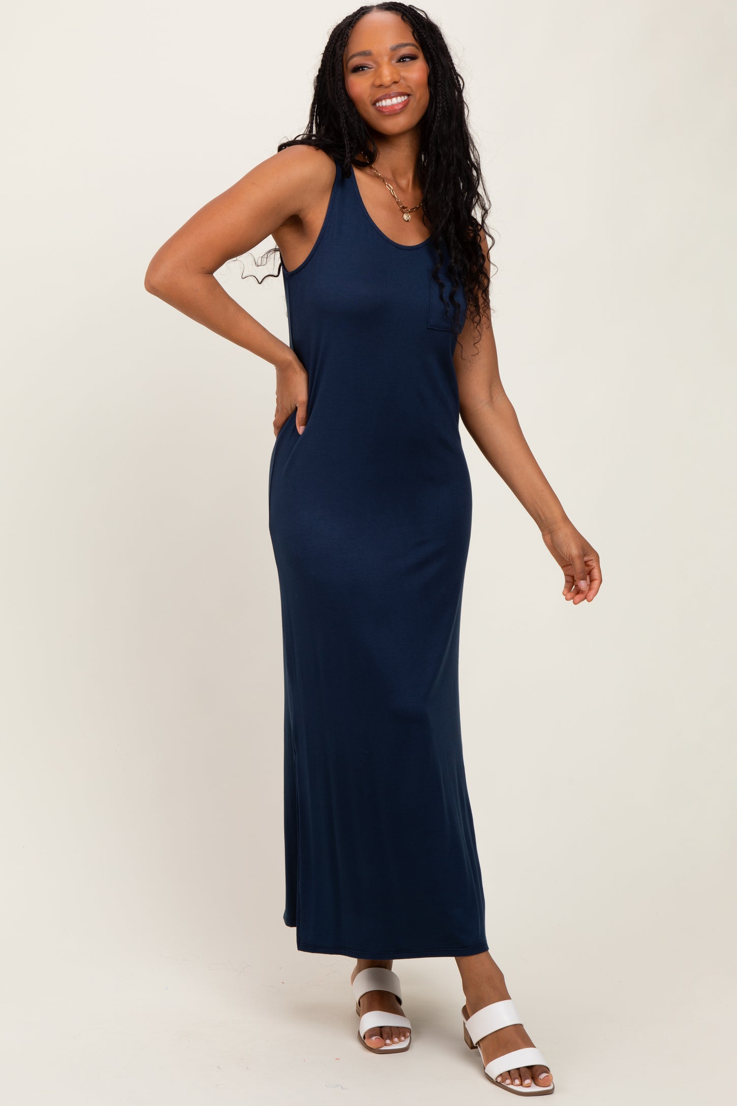 Navy Basic Pocket Sleeveless Maxi Dress