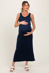 Navy Basic Pocket Sleeveless Maternity Maxi Dress