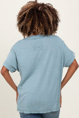 Blue Ribbed Raw Hem Maternity Short Sleeve Top