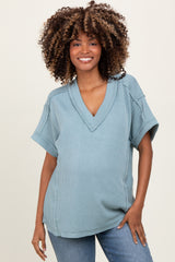 Blue Ribbed Raw Hem Maternity Short Sleeve Top