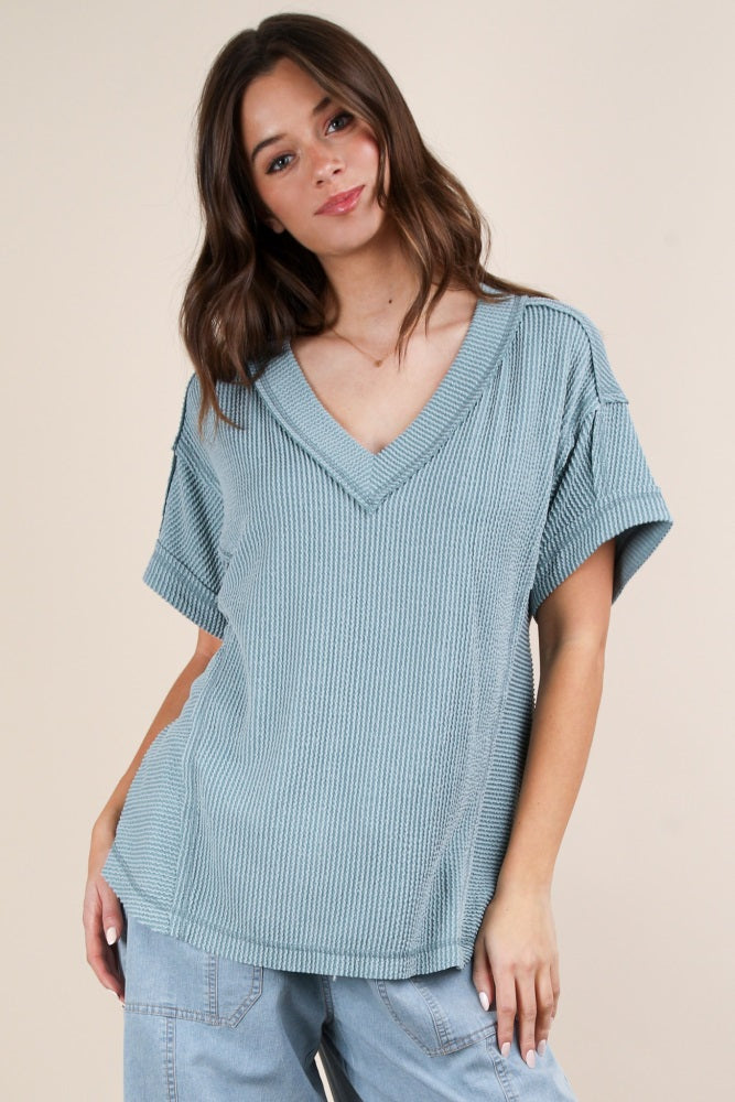 Blue Ribbed Raw Hem Maternity Short Sleeve Top