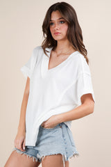White Ribbed Raw Hem Short Sleeve Top