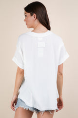 White Ribbed Raw Hem Short Sleeve Top