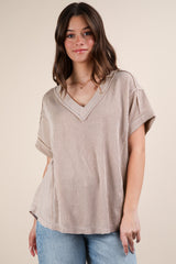 Beige Ribbed Raw Hem Short Sleeve Top