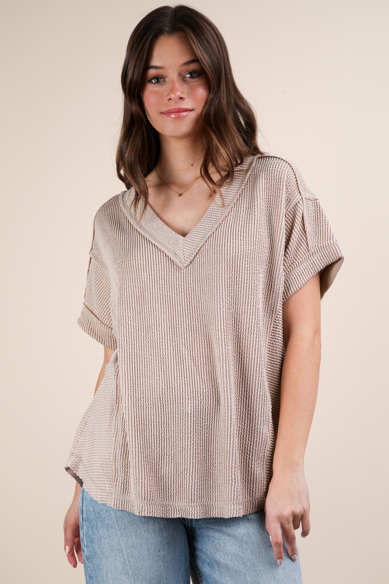 Beige Ribbed Raw Hem Maternity Short Sleeve Top