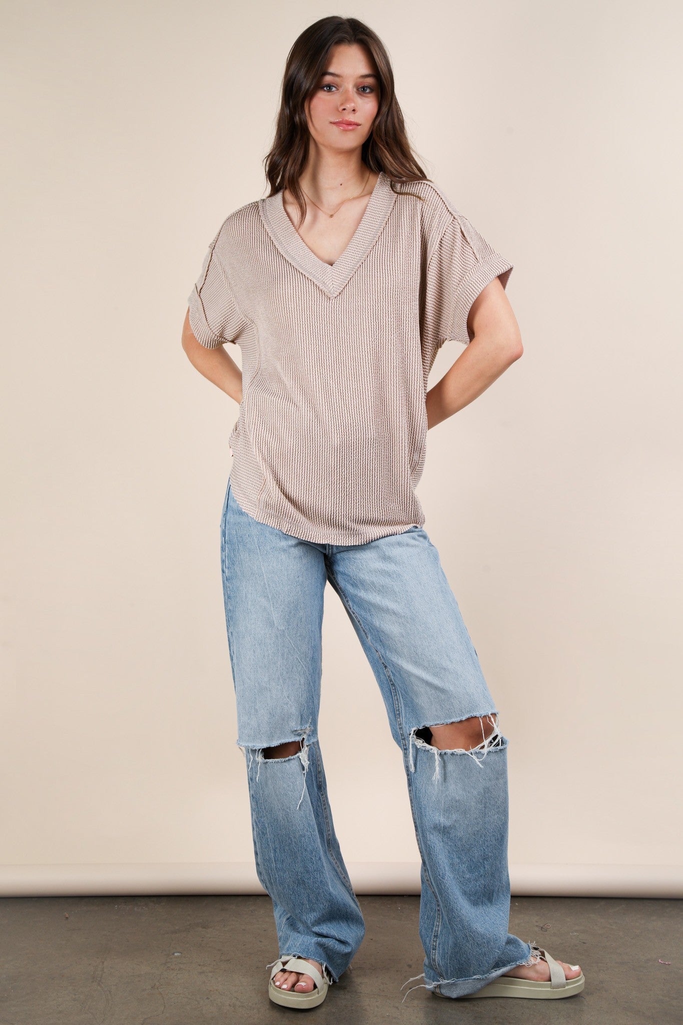 Beige Ribbed Raw Hem Short Sleeve Top