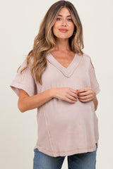 Beige Ribbed Raw Hem Maternity Short Sleeve Top
