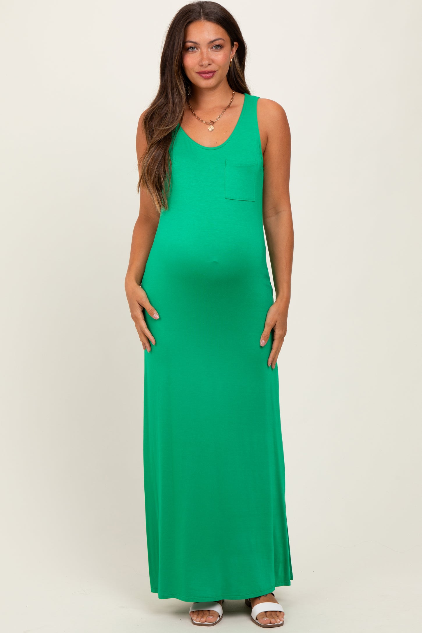 Green Basic Pocket Sleeveless Maternity Maxi Dress