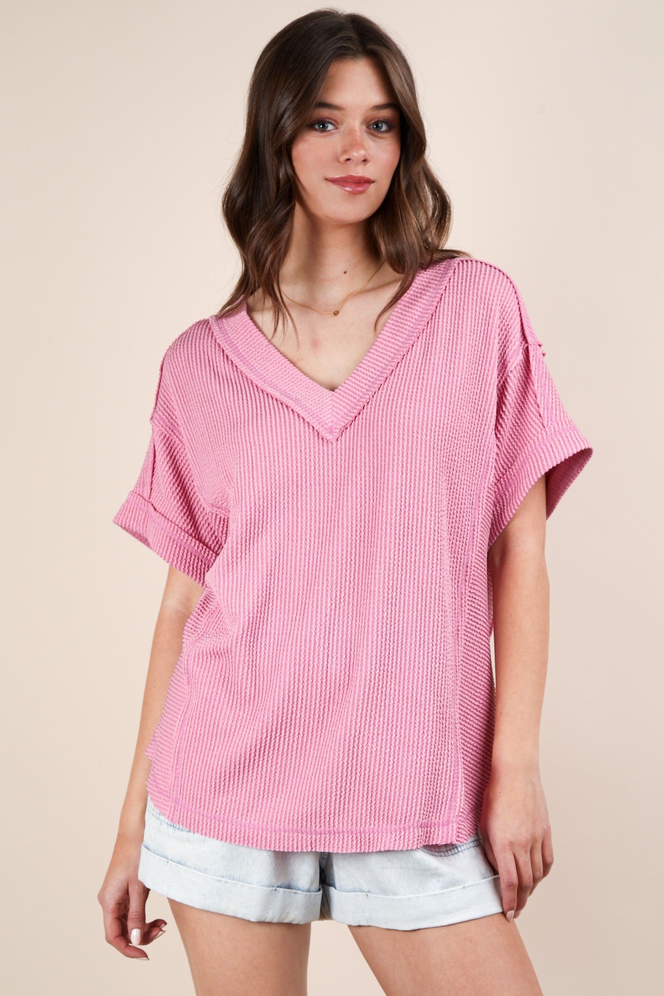 Pink Ribbed Raw Hem Maternity Short Sleeve Top