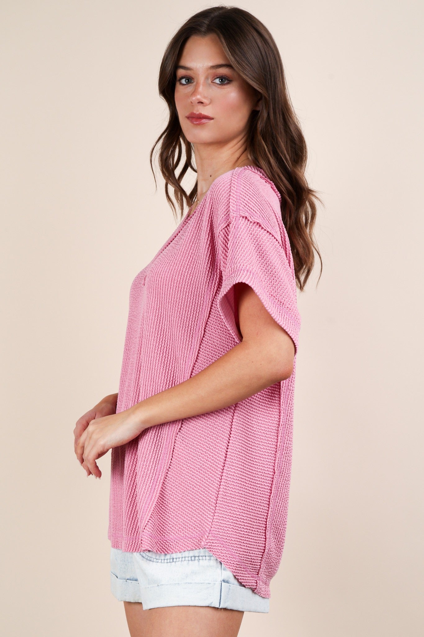 Pink Ribbed Raw Hem Short Sleeve Top