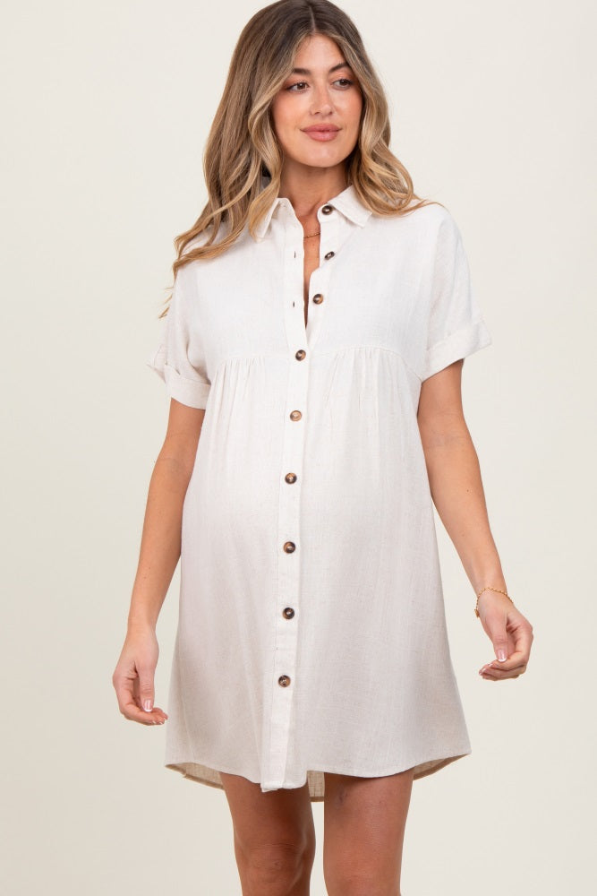 Beige Dolman Sleeve Linen Maternity Shirt Dress