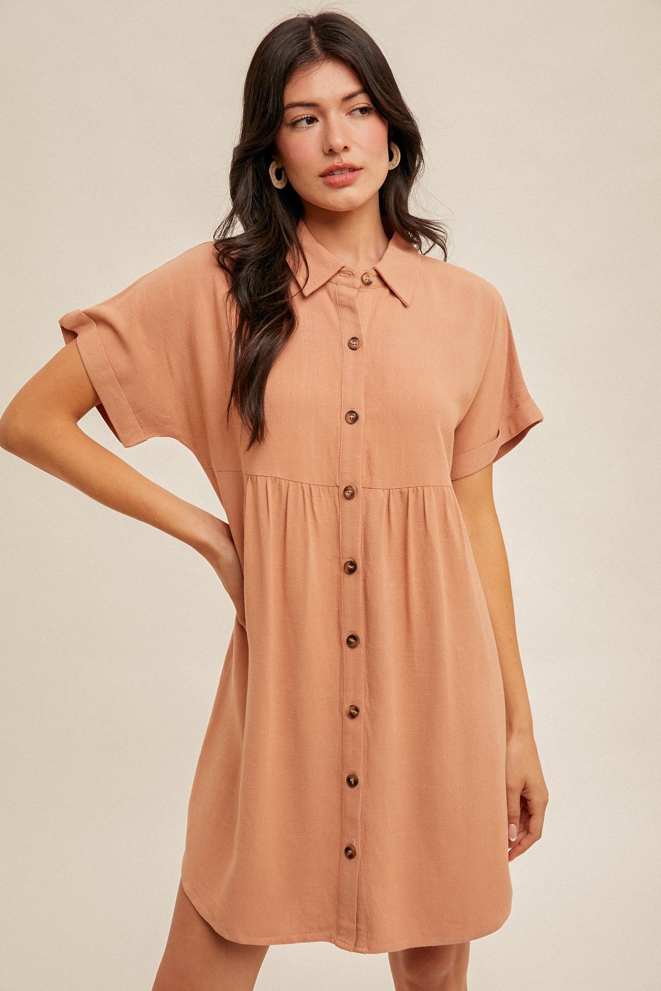 Peach Dolman Sleeve Linen Shirt Dress