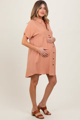Peach Dolman Sleeve Linen Maternity Shirt Dress