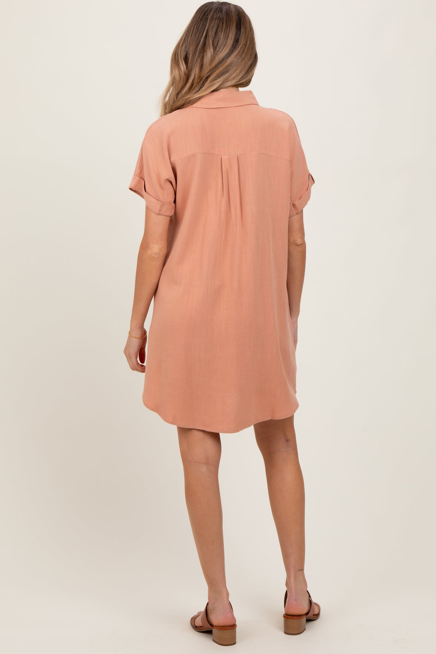 Peach Dolman Sleeve Linen Maternity Shirt Dress Peach Dolman Sleeve Linen Maternity Shirt Dress