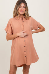 Peach Dolman Sleeve Linen Maternity Shirt Dress