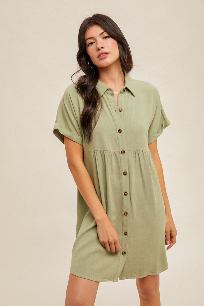Sage Dolman Sleeve Linen Shirt Dress