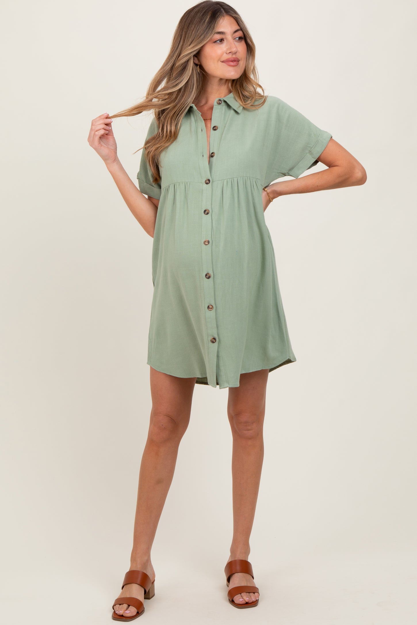 Sage Dolman Sleeve Linen Maternity Shirt Dress