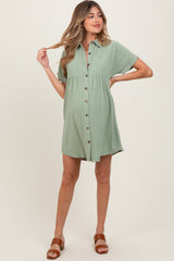 Sage Dolman Sleeve Linen Maternity Shirt Dress