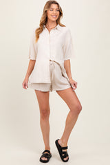 Beige Linen Blend Short Sleeve Shirt Shorts Maternity Set