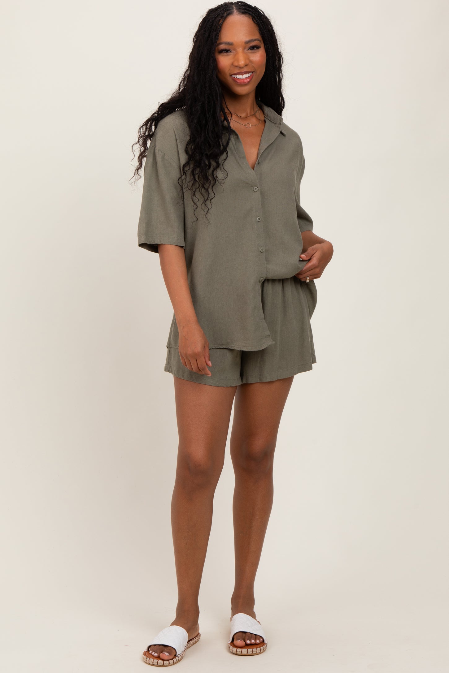 Olive Linen Blend Short Sleeve Shirt Shorts Set