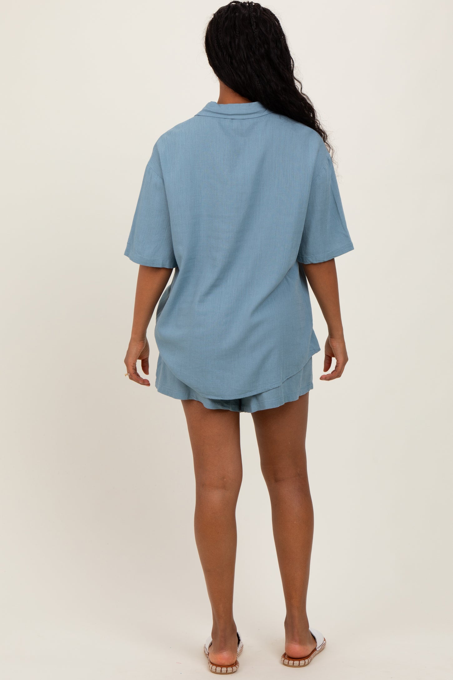 Blue Linen Blend Short Sleeve Shirt Shorts Set