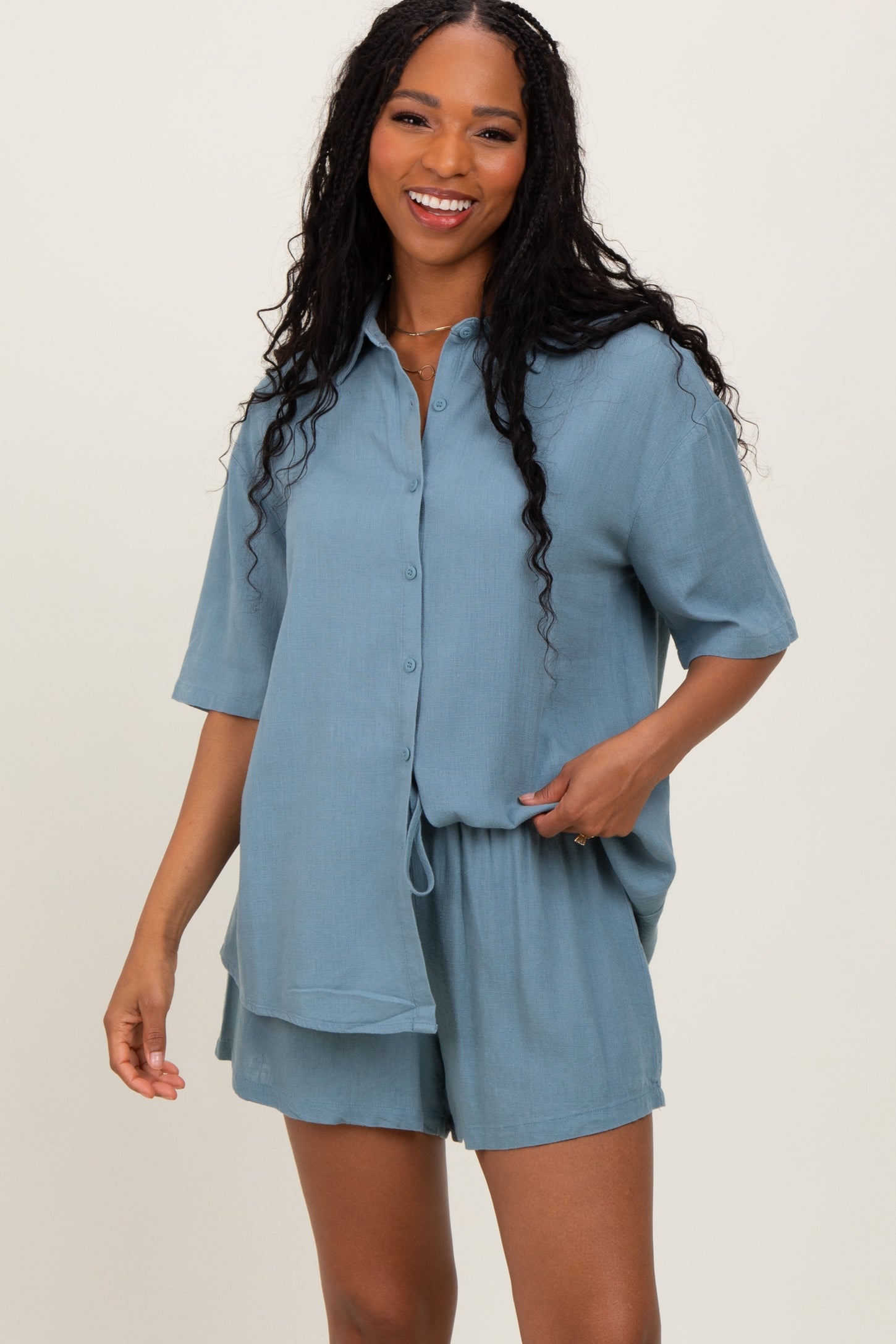 Blue Linen Blend Short Sleeve Shirt Shorts Maternity Set