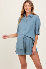 Blue Linen Blend Short Sleeve Shirt Shorts Maternity Set
