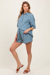 Blue Linen Blend Short Sleeve Shirt Shorts Maternity Set