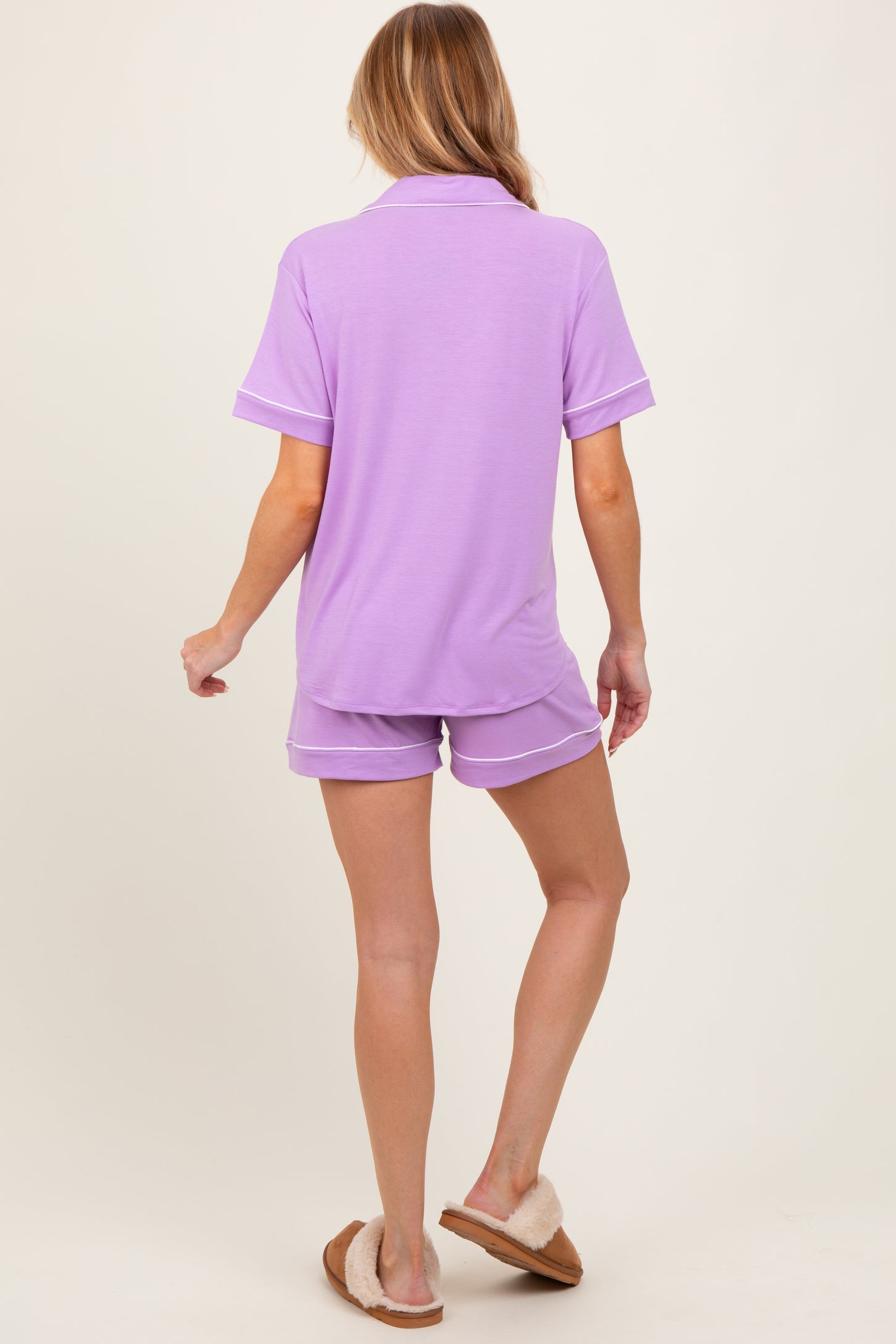 Lavender Short Sleeve Button Down Shirt Shorts Maternity Set
