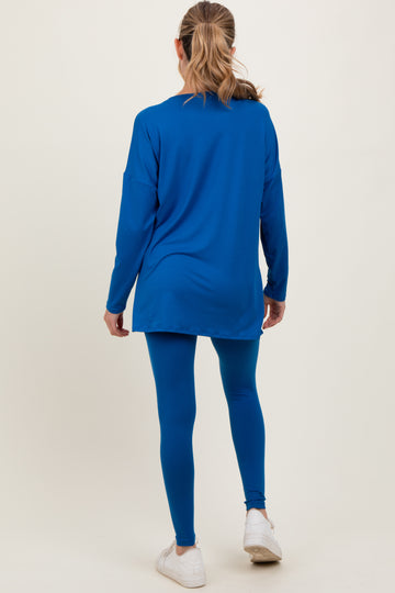 Blue Brushed Knit Maternity Oversized Top and Legging Set