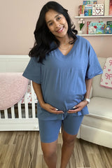 Blue Oversized V-Neck Biker Short Maternity Set