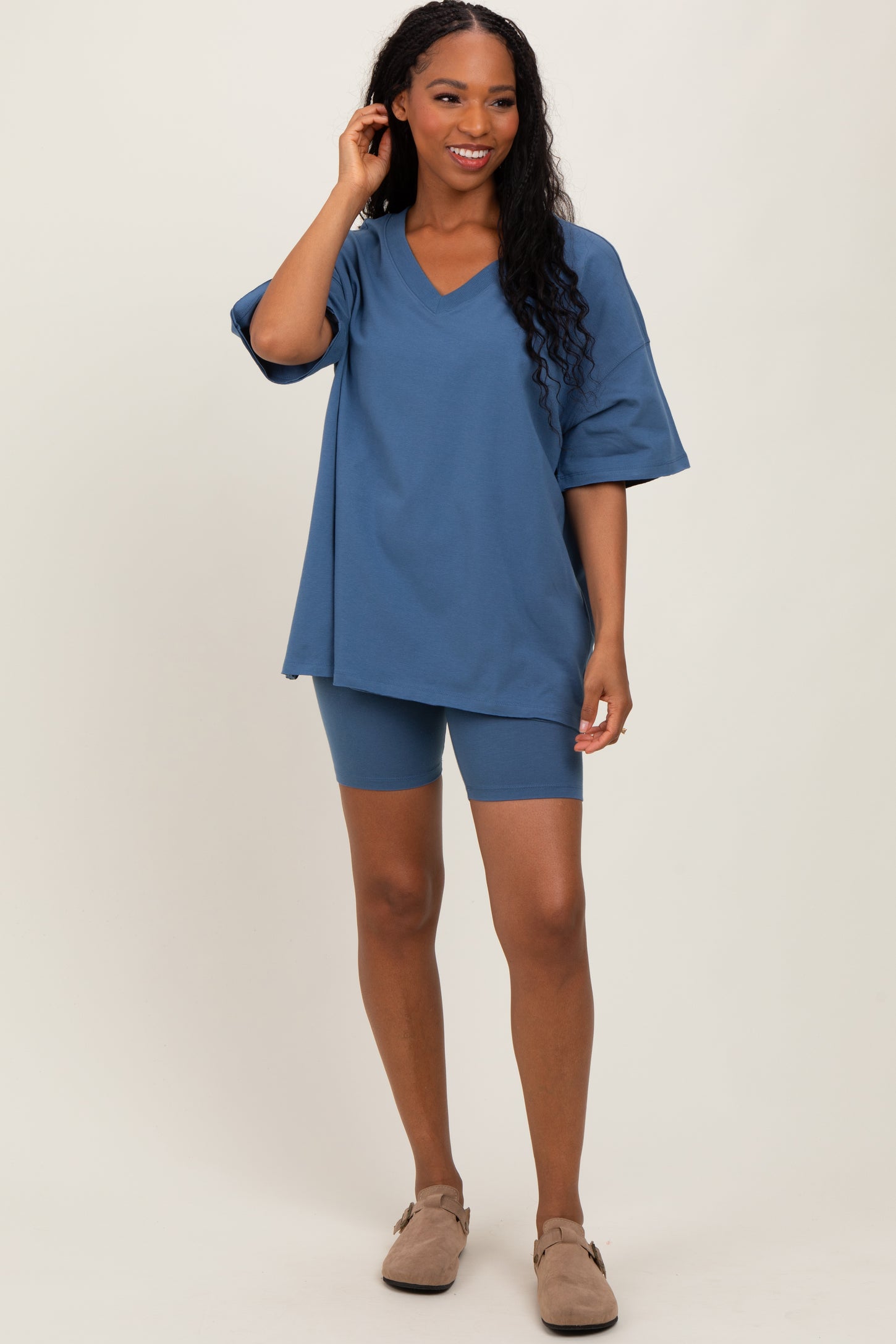 Blue Oversized V-Neck Biker Short Set