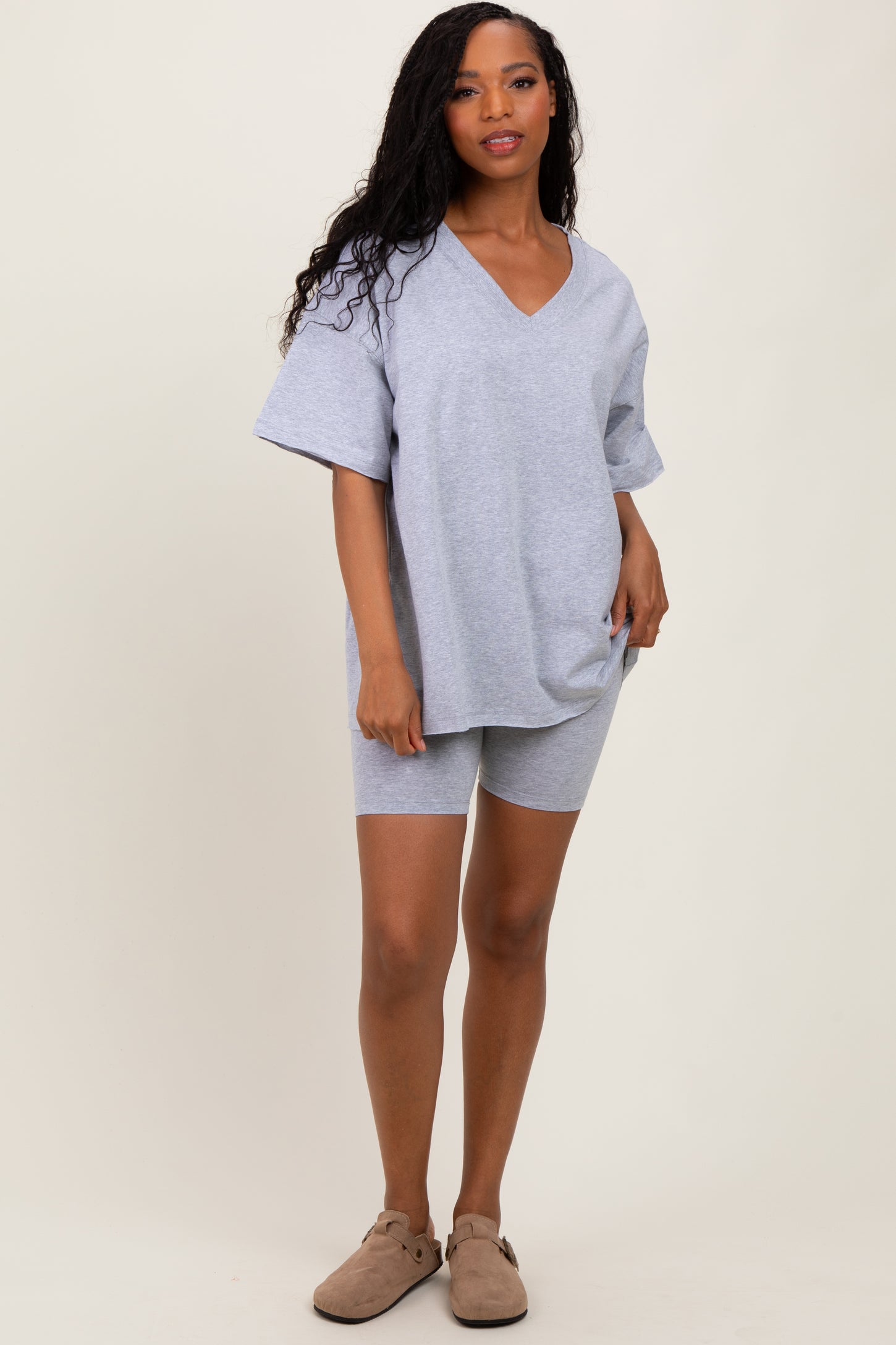 Heather Grey Oversized V-Neck Biker Short Set