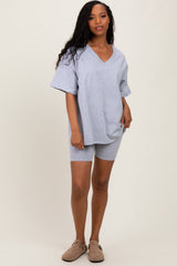 Heather Grey Oversized V-Neck Biker Short Set