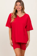 Red Oversized V-Neck Biker Short Set