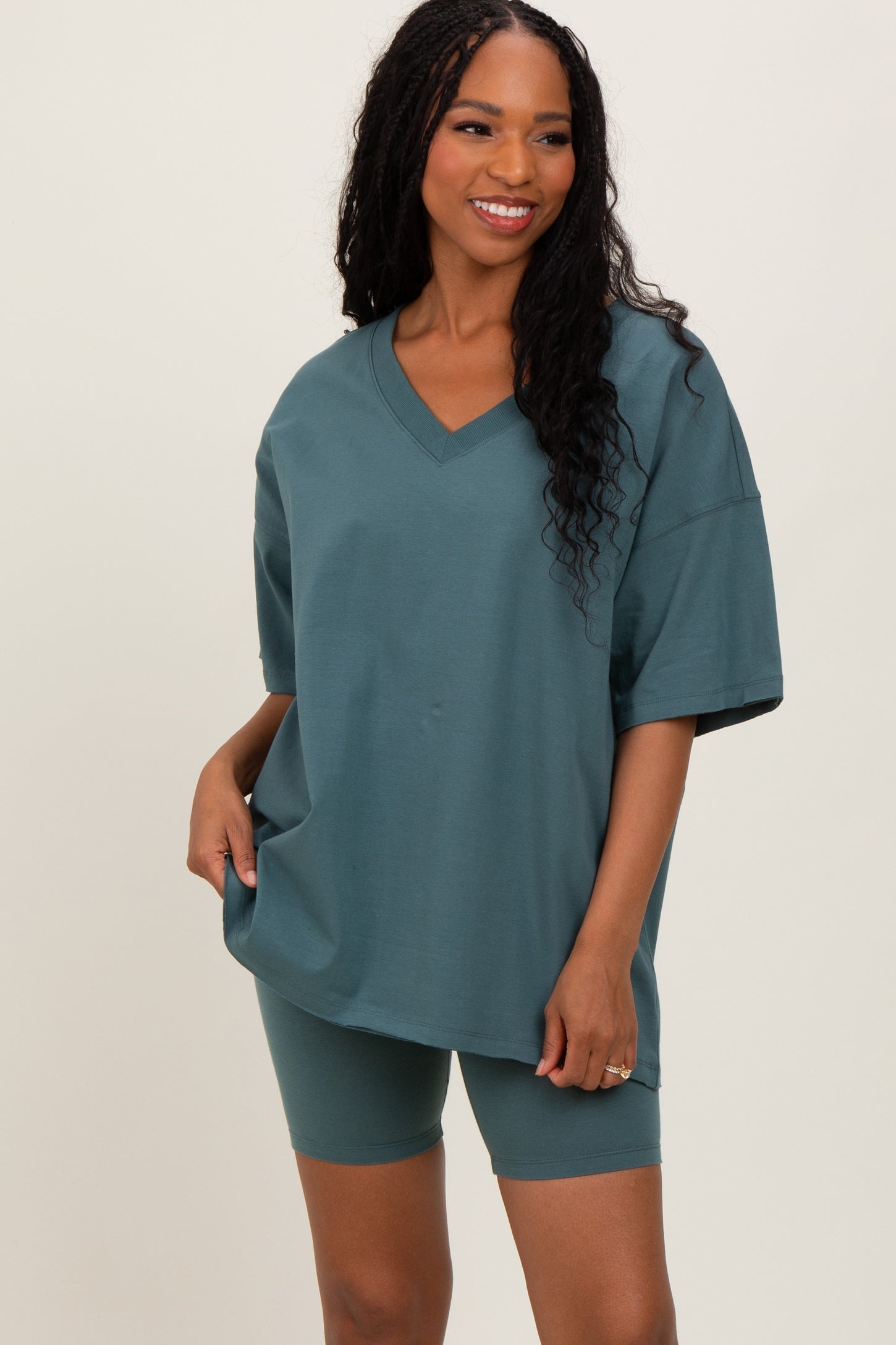 Light Olive Oversized V-Neck Biker Short Set