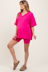 Fuchsia Oversized V-Neck Biker Short Maternity Set