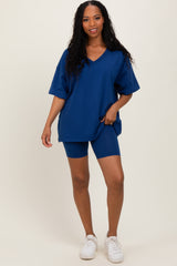 Light Navy Oversized V-Neck Biker Short Set