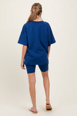 Light Navy Oversized V-Neck Biker Short Maternity Set